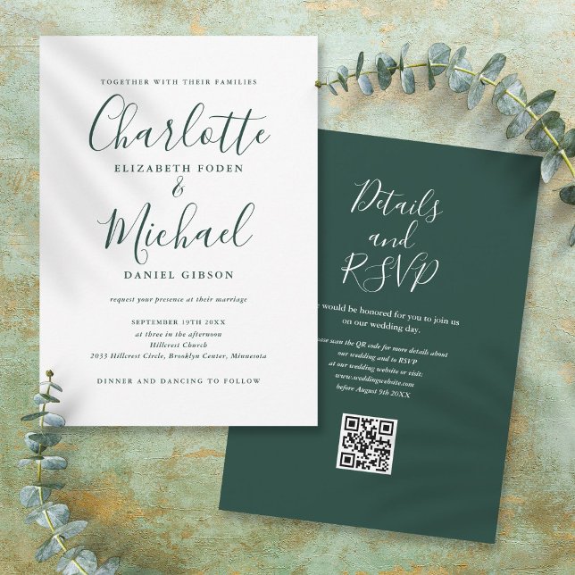 Emerald Green Elegant Script QR Code Hochzeit Einladung (Emerald Green Elegant Script QR Code Wedding Invitation)