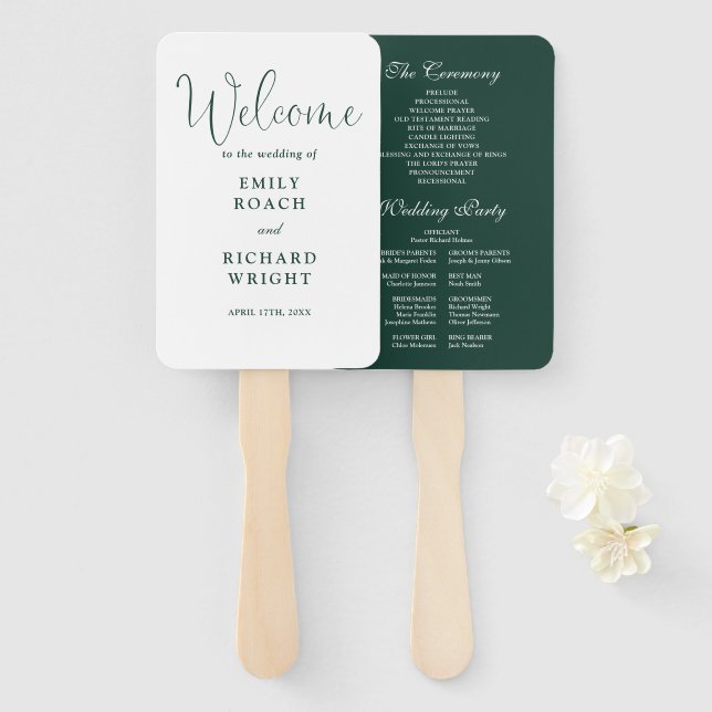 Emerald Green Elegant Script Wedding Program Fächer (Vorne und Hinten)