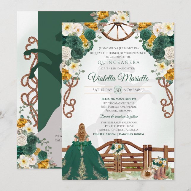 Emerald Green Elegant Western Charro Quinceanera Einladung (Vorne/Hinten)