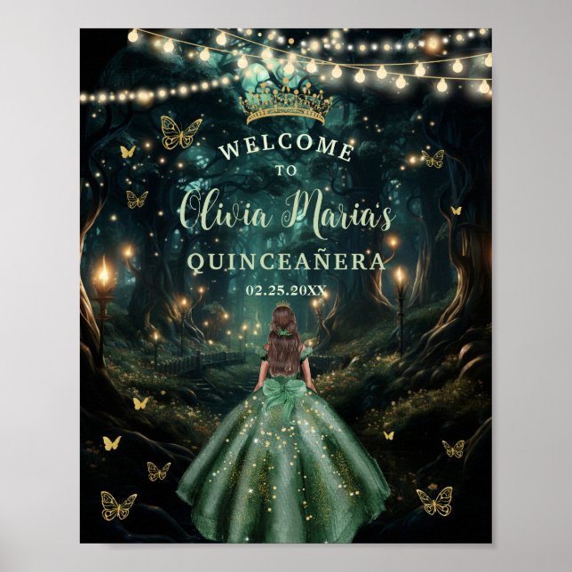 Emerald Green Enchanted Forest Quinceañera Willkom Poster (Vorne)