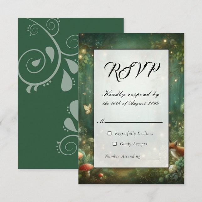 Emerald Green Enchanted Forest Wedding RSVP Karte (Vorne/Hinten)