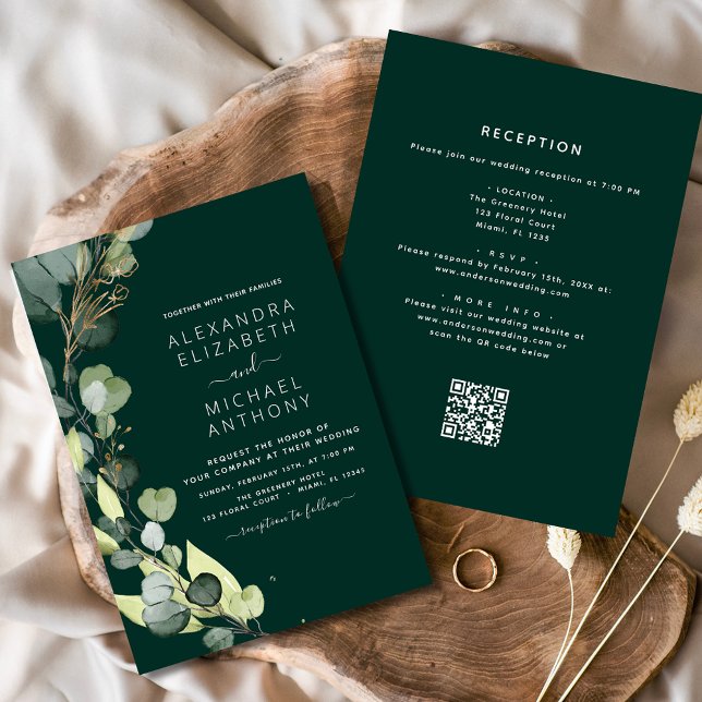Emerald Green Eucalyptus QR Code Wedding Einladung (Von Creator hochgeladen)