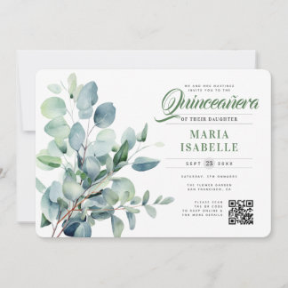 Emerald Green Eucalyptus Sage QR Code Quinceañera Einladung