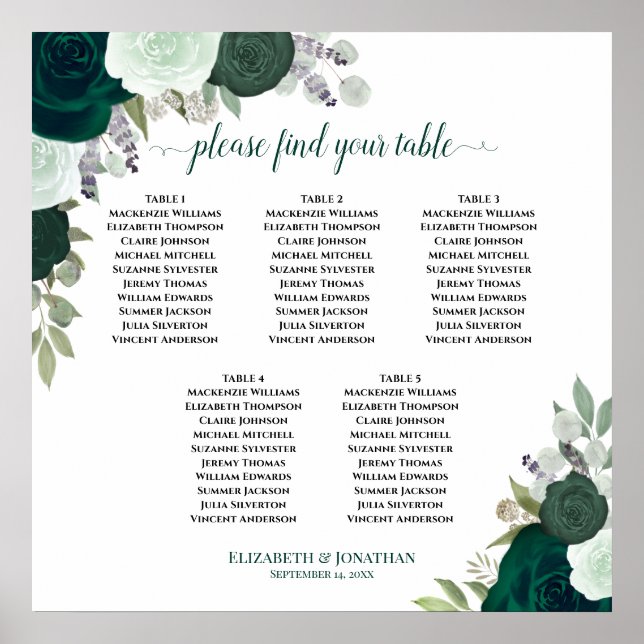 Emerald Green Floral 5 Tabelle Hochzeitskarte Poster (Vorne)
