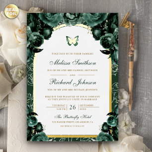 Emerald Green Floral Arch Butterfly Wedding Gold Folieneinladung