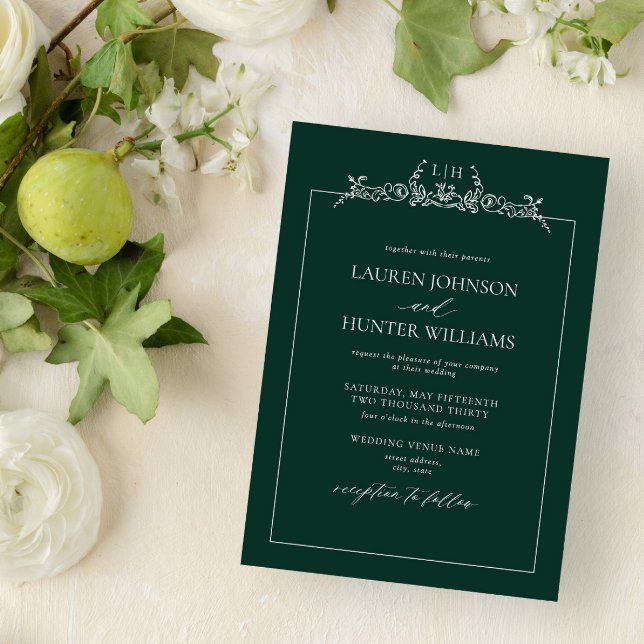 Emerald Green Floral Border Monogram Wedding Einladung (Von Creator hochgeladen)