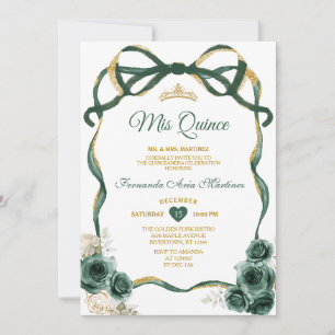 Emerald Green Floral Bow Ribbon Gold Mis Quince Einladung