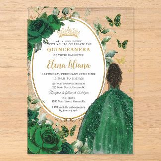 Emerald Green Floral Brown Princess Quinceañera Acryleinladungen