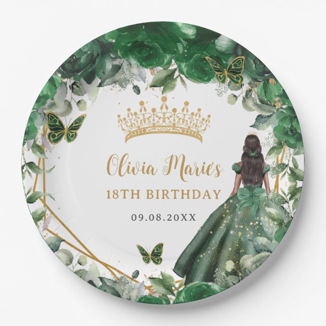 Emerald Green Floral Brown Prinzessin 18. Geburtst Pappteller (Vorderseite)