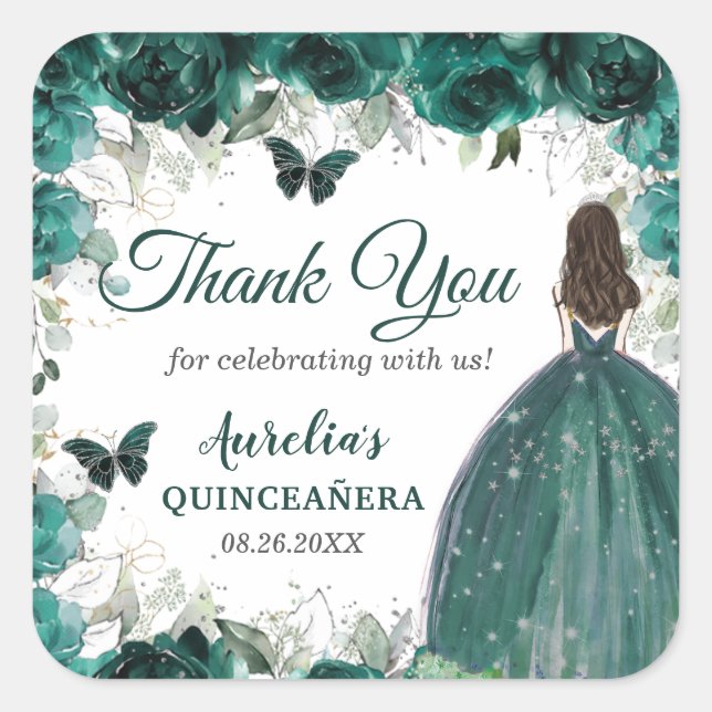 Emerald Green Floral Butterfells Fürstin Quadratischer Aufkleber (Vorderseite)