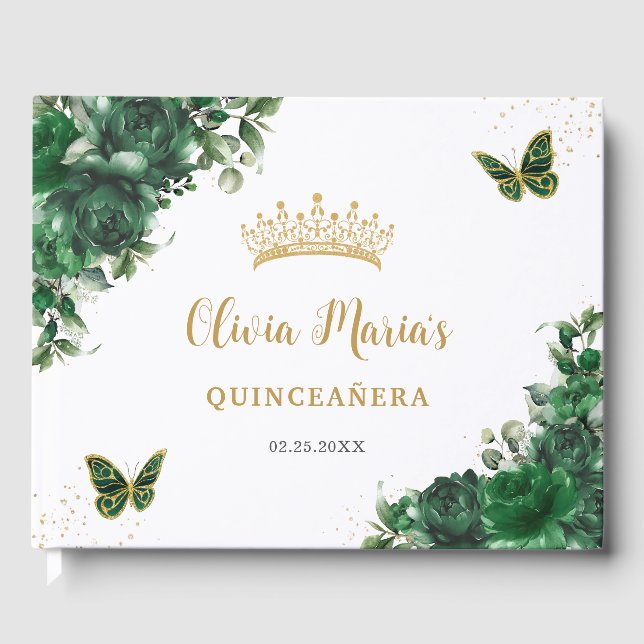 Emerald Green Floral Butterfells Gold Quinceanera Gästebuch (Vorderseite)