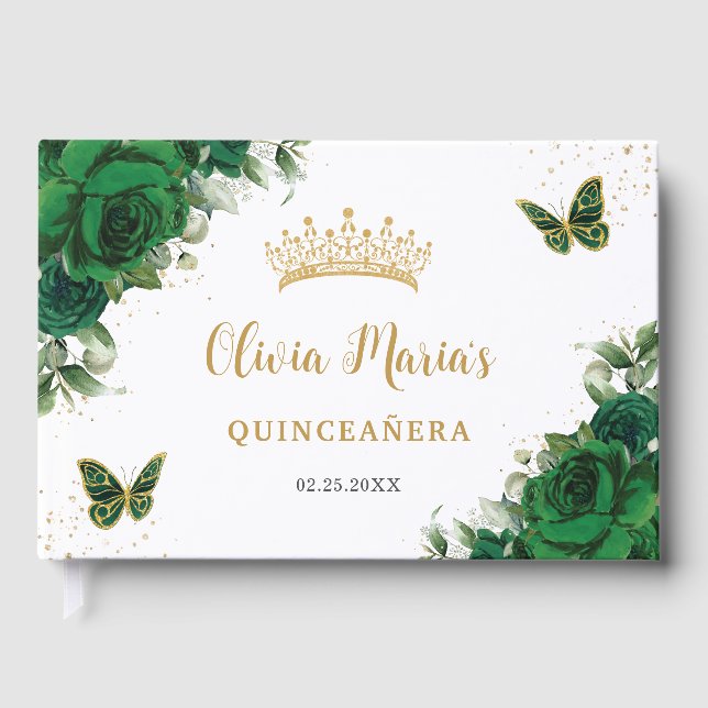 Emerald Green Floral Butterfells Gold Quinceanera Gästebuch (Vorderseite)