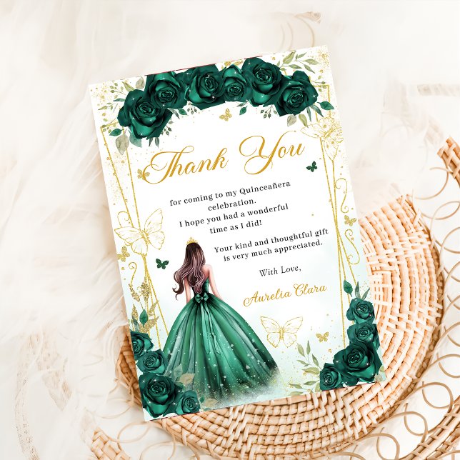 Emerald Green Floral Butterfells Quinceañera Dankeskarte (Von Creator hochgeladen)