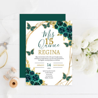 Emerald Green Floral Butterfells Quinceañera Einladung