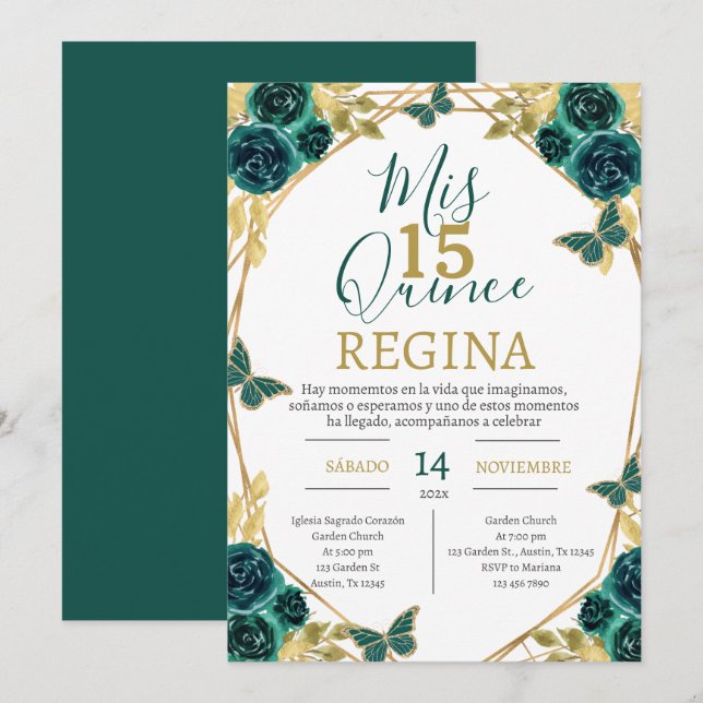 Emerald Green Floral Butterfells Quinceañera Einladung (Vorne/Hinten)