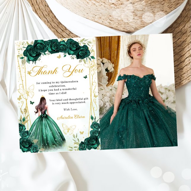 Emerald Green Floral Butterfells Quinceañera Foto Dankeskarte (Von Creator hochgeladen)