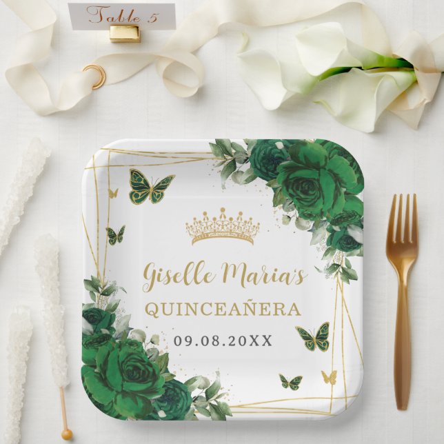 Emerald Green Floral Butterfells Quinceañera Pappteller (Hochzeit)