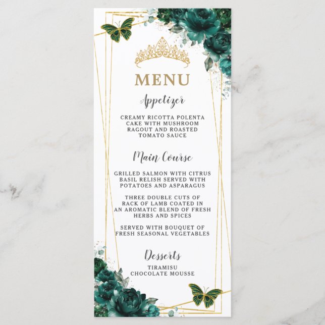 Emerald Green Floral Butterflies Quinceanera Menu Programm (Vorderseite)