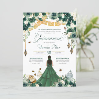 Emerald Green Floral Butterfly Elegantes Quinceane Einladung