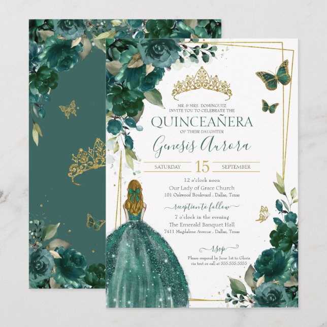Emerald Green Floral Butterfly mit Kleid Einladung (Vorne/Hinten)