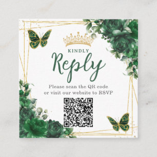 Emerald Green Floral Butterfly Quinceanera QR Code Begleitkarte