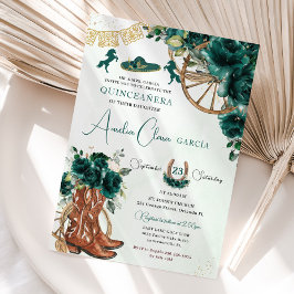 Emerald Green Floral Charro Cowgirl Quinceanera Einladung