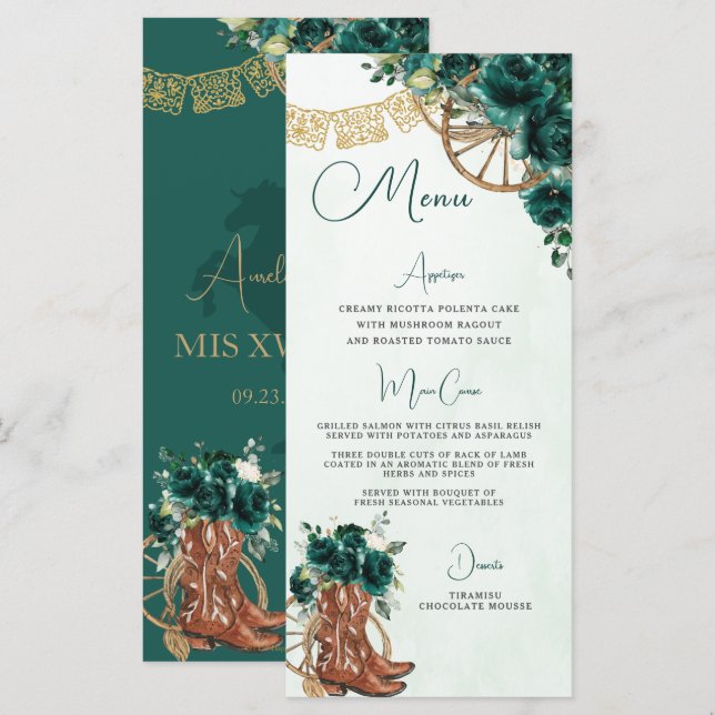 Emerald Green Floral Charro Quinceañera XV Menu (Devant / Derrière)
