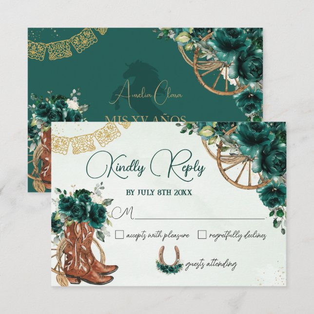 Emerald Green Floral Charro West Quinceañera Antwo RSVP Karte (Vorne/Hinten)