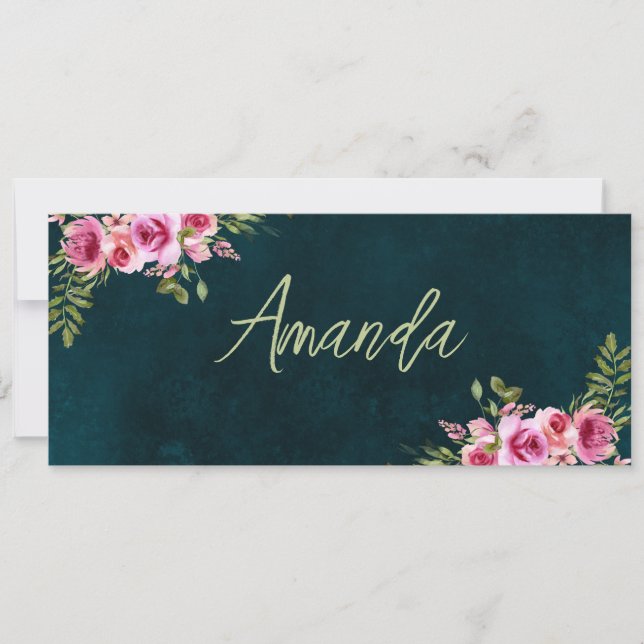 Emerald Green Floral Dark Moody Wedding Platzkarte (Vorderseite)