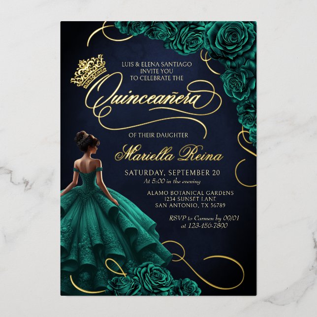 Emerald Green Floral Dress Quinceañera Folieneinladung (Vorderseite)