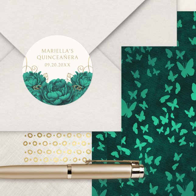 Emerald Green Floral Elegant Quinceanera Runder Aufkleber (Von Creator hochgeladen)