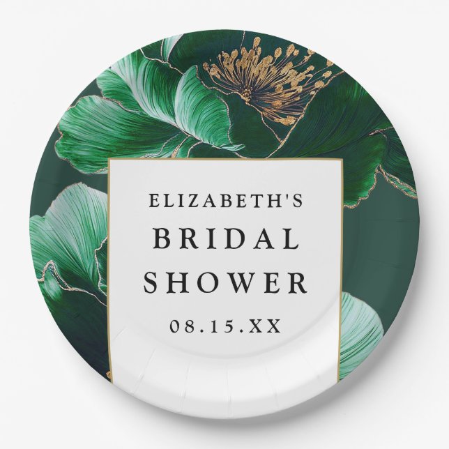 Emerald Green Floral Elegantes Modernes Brautparty Pappteller (Vorderseite)