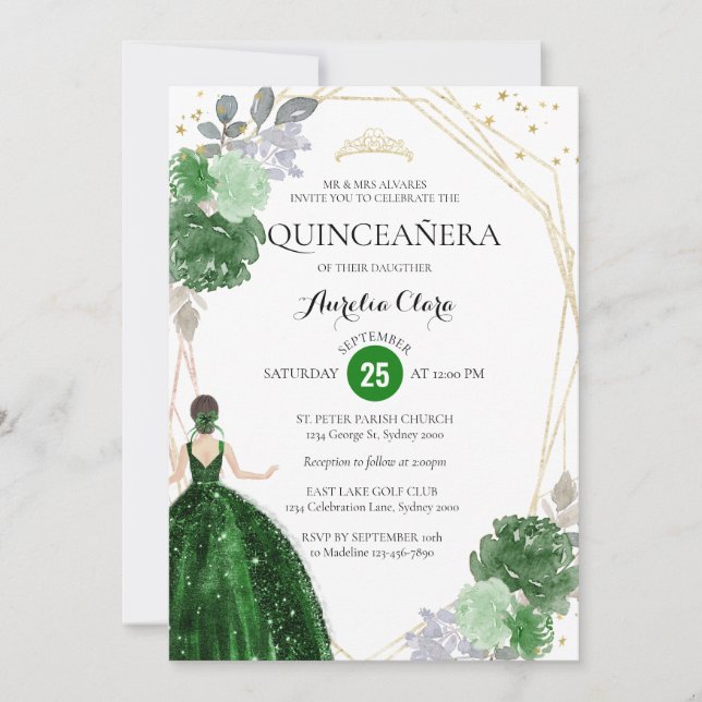 Emerald Green Floral Geometric Foto Quinceañera Einladung (Vorderseite)