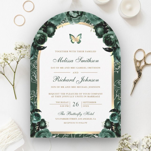 Emerald Green Floral Gold Arch Butterfly Hochzeit Einladung (Von Creator hochgeladen)