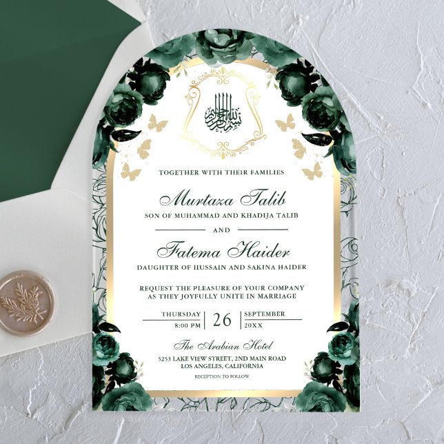 Emerald Green Floral Gold Arch Muslim Wedding Acryleinladungen (Von Creator hochgeladen)