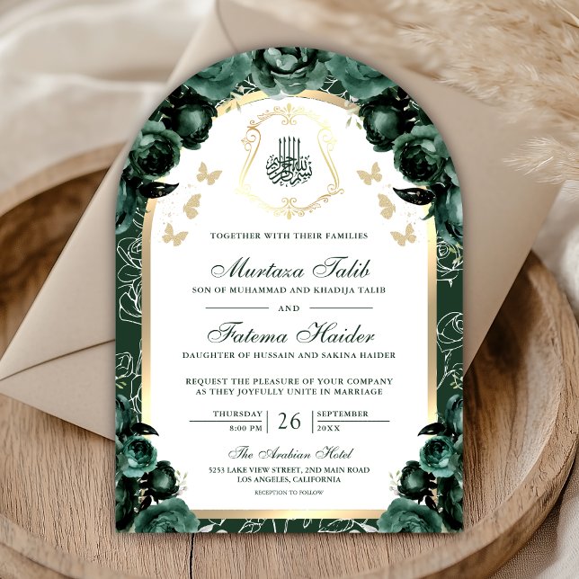 Emerald Green Floral Gold Arch Muslim Wedding Einladung (Von Creator hochgeladen)