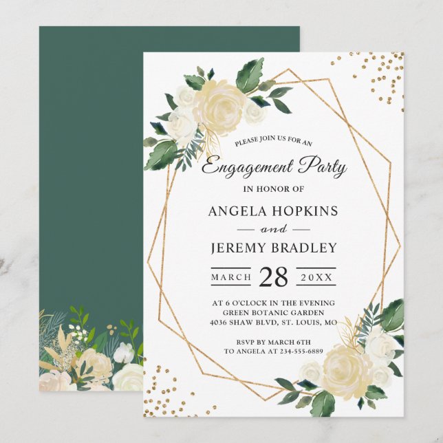Emerald Green Floral Gold Frame Engagement Party Einladung (Vorne/Hinten)