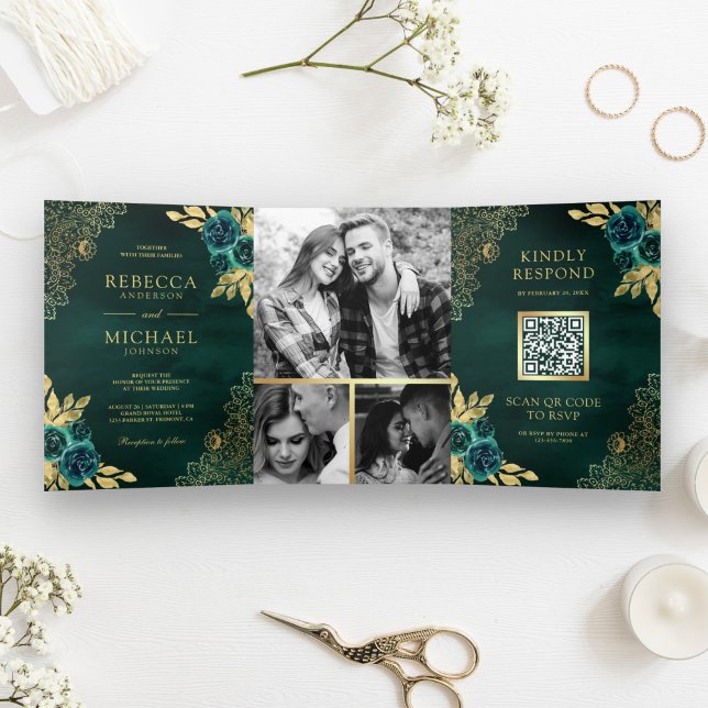 Emerald Green Floral Gold Lace QR Code Hochzeit Dreifach Gefaltete Einladung (Von Creator hochgeladen)
