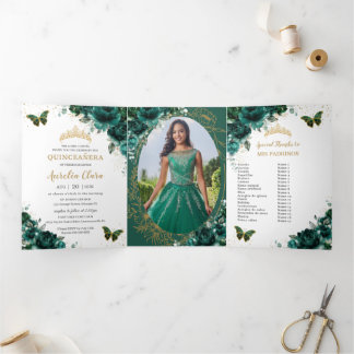 Emerald Green Floral Gold Quinceñera 15 Fotos Dreifach Gefaltete Einladung