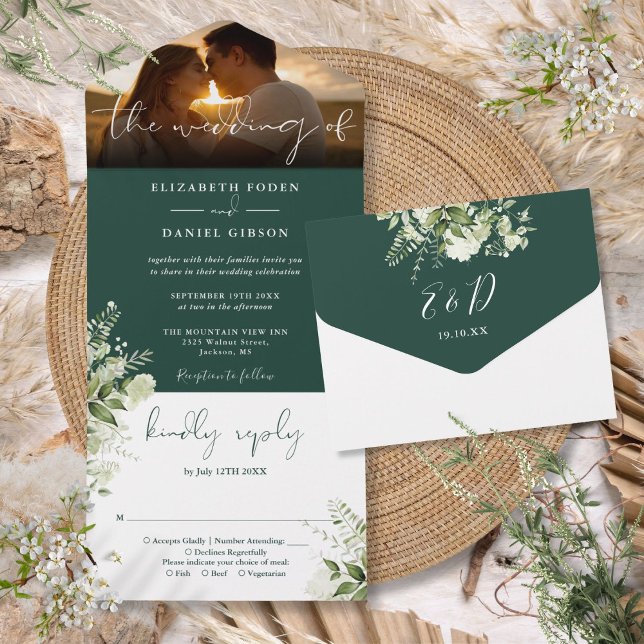 Emerald Green Floral Greenerity Wedding Foto All In One Einladung (Emerald Green Floral Greenery Wedding Photo All In One Invitation)