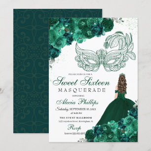Emerald Green Floral Masquerade Sweet 16 Einladung