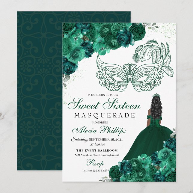 Emerald Green Floral Masquerade Sweet 16 Einladung (Vorne/Hinten)