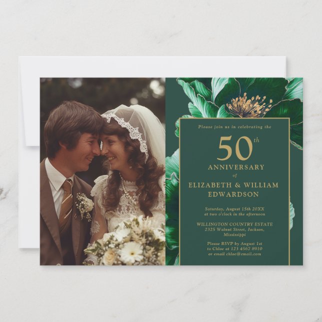 Emerald Green Floral Modern 50-jähriges Foto Einladung (Vorderseite)