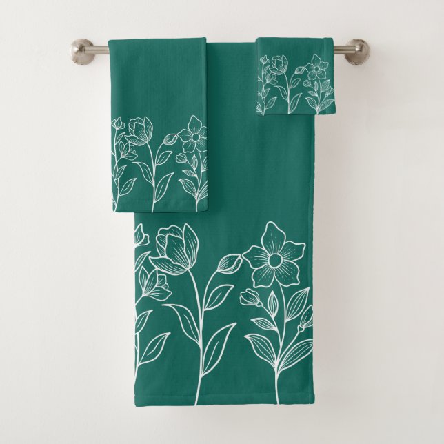Emerald Green Floral Muster Moderne einzigartig Badhandtuch Set (Insitu)