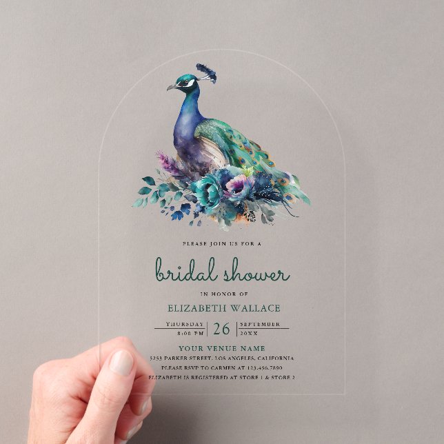 Emerald Green Floral Peacock Bridal Shower Acryleinladungen (Insitu (Handheld))