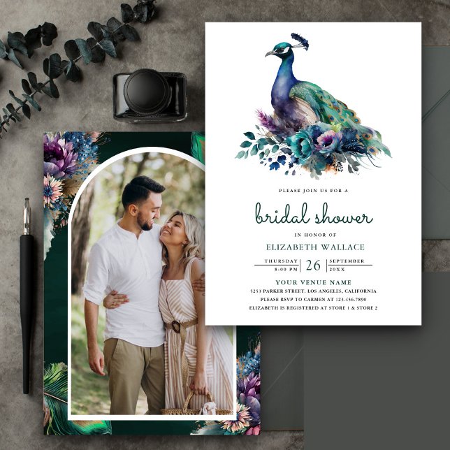 Emerald Green Floral Peacock Foto Brautparty Einladung (Von Creator hochgeladen)