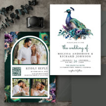 Emerald Green Floral Peacock Foto QR Code Wedding