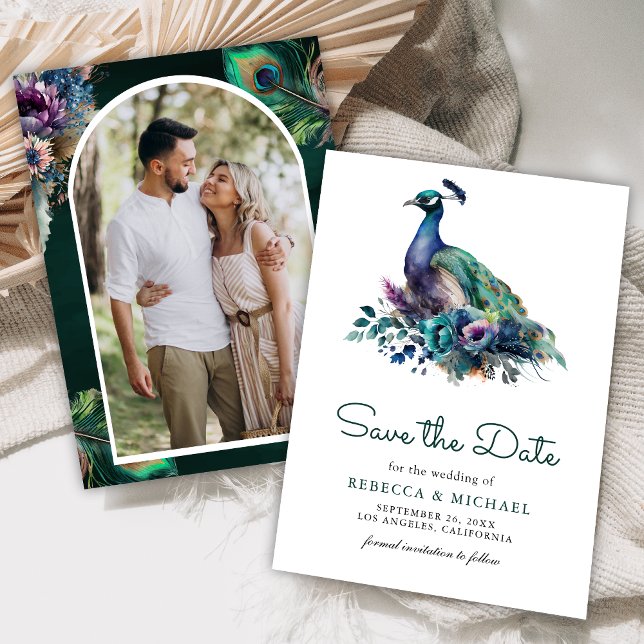Emerald Green Floral Peacock Foto Wedding Save The Date (Von Creator hochgeladen)