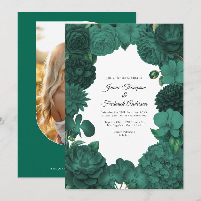 Emerald Green Floral Photo and QR Code Wedding Einladung (Vorne/Hinten)