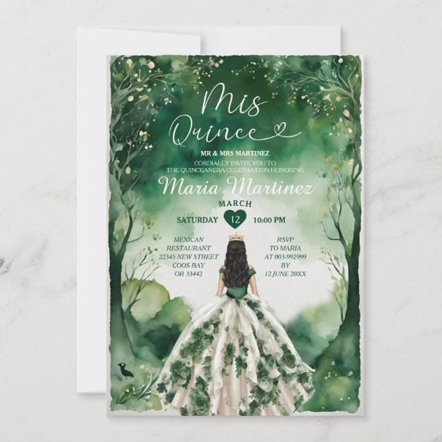 Emerald Green Floral Princess Dress Mis Quince Einladung (Vorderseite)